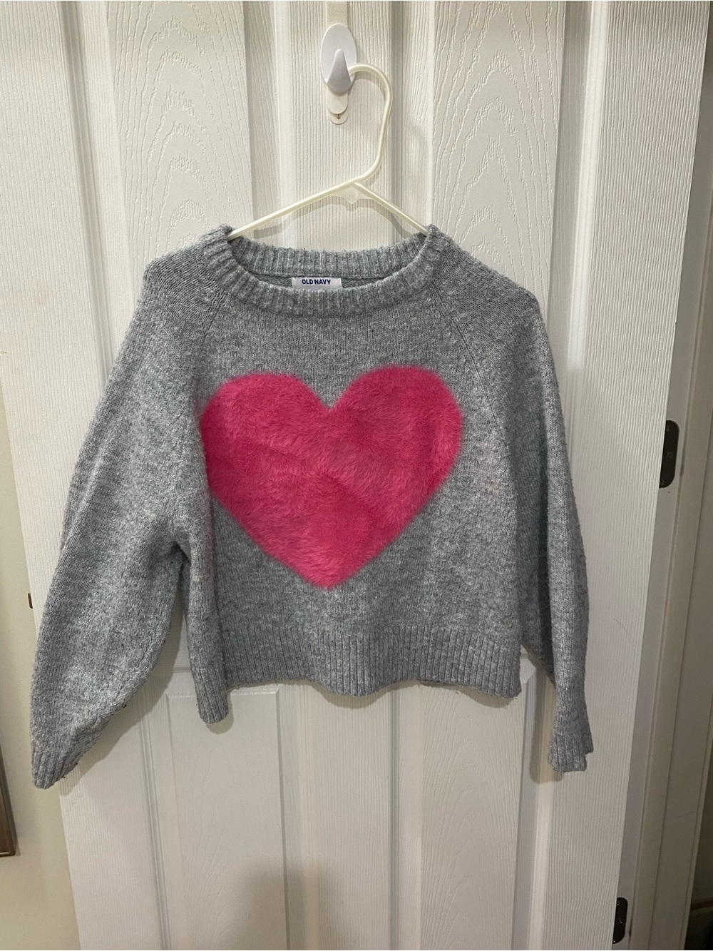 Old Navy Gray Crewneck Sweater with Pink Fuzzy Heart
